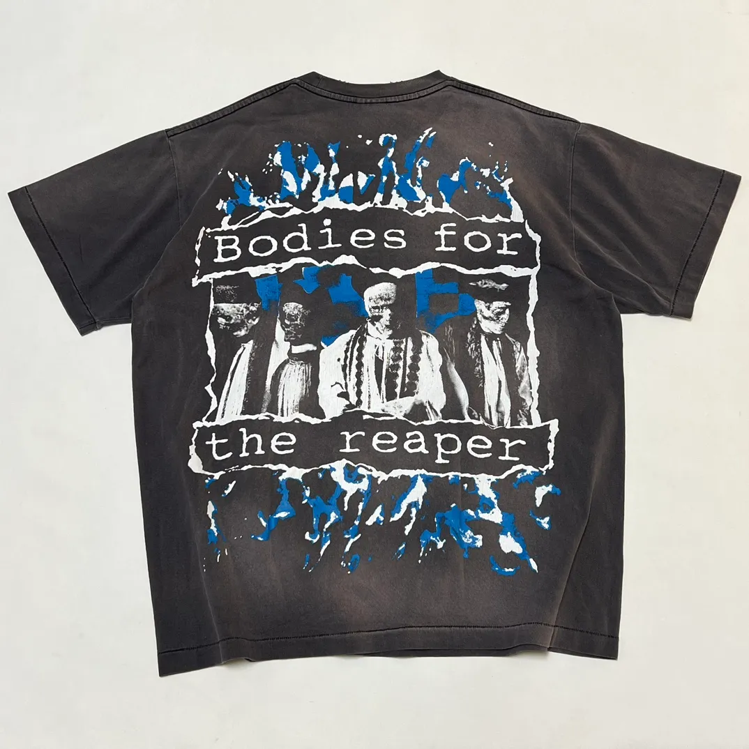SAINT MICHAEL SS TEE/B FOR REAPER Jesus Hell's Angels Washed and Distressed Short Sleeves Washed Black S-XL Garment Dyed Printed Washed and Distressed